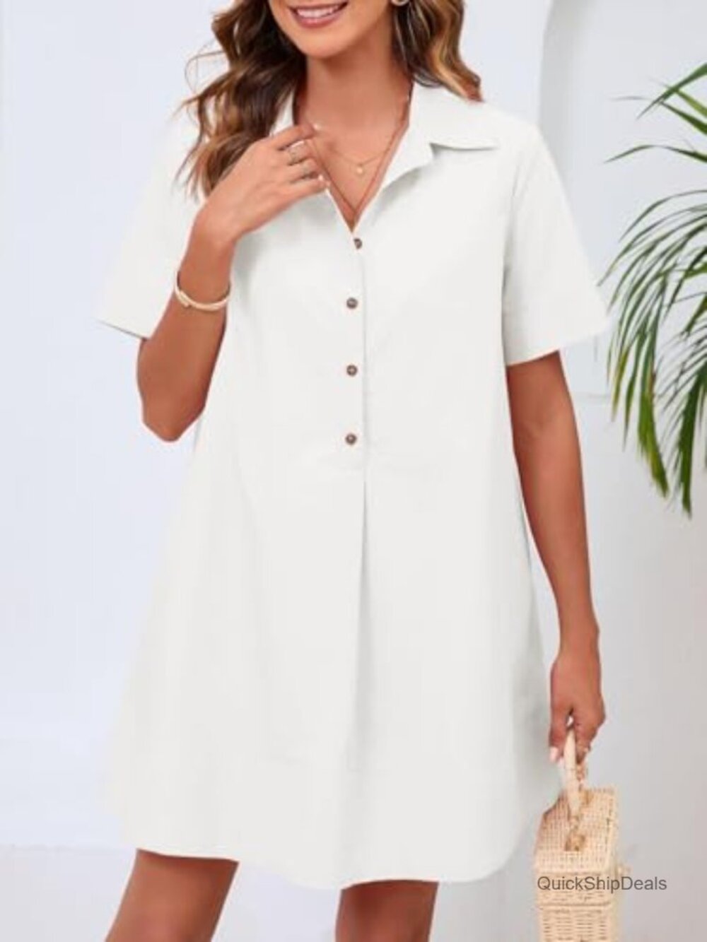 Oversized Button Mini Dress Short Sleeve V Neck Casual Flowy Cotton - Picture 3 of 7
